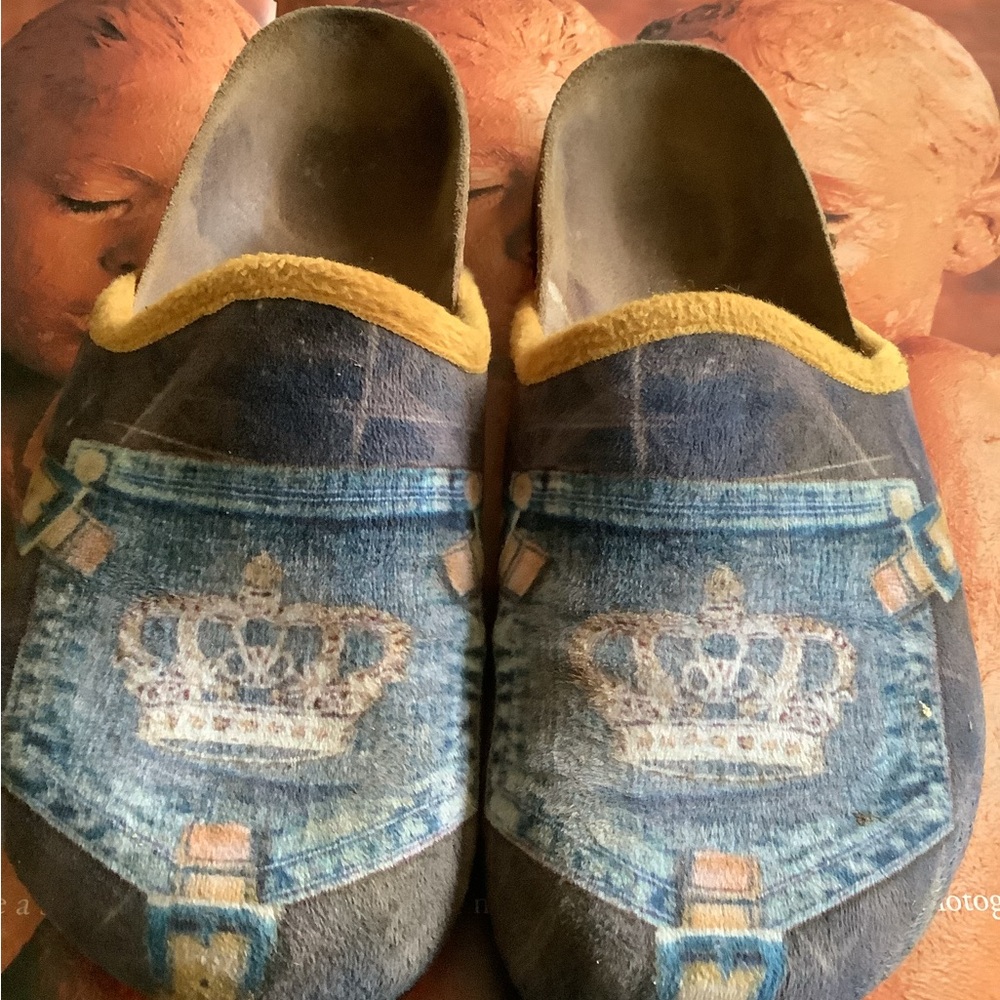Birkenstock birkis trompe l oeil denim pocket crown design clogs size 7